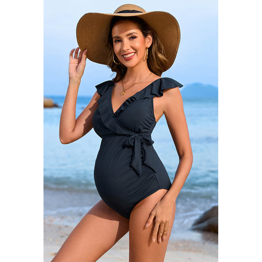 Charmo Women's Ruched Maternity One-Piece Swim Dress: Ruffled Wrap Design for Comfort & Stretch Pregnancy Bathing Suits