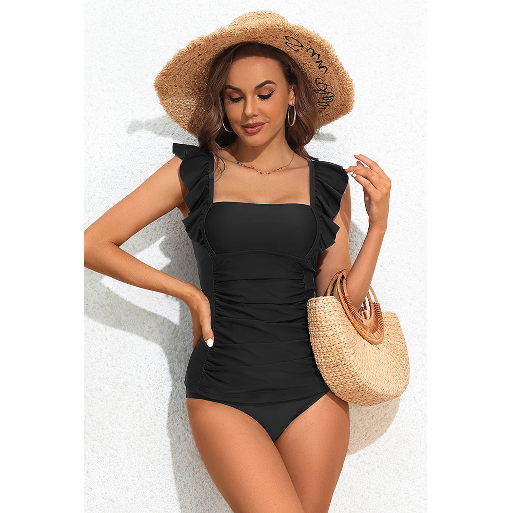 Charmo Women's Ruffled Square-Neck Tankini Set Ruched Detail & Adjustable Straps for Flattering Fit Two Pieces Swimsuits
