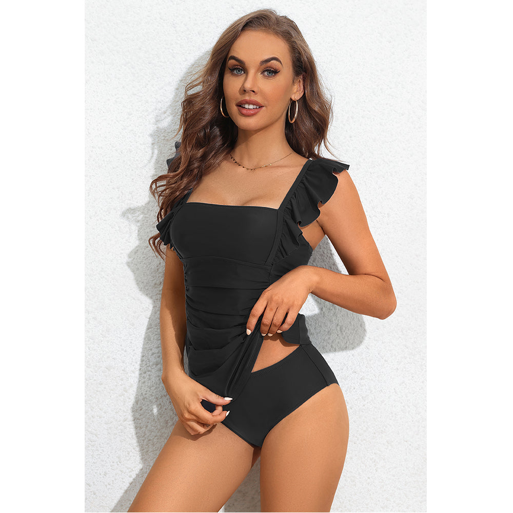 Charmo Women's Ruffled Square-Neck Tankini Set Ruched Detail & Adjustable Straps for Flattering Fit Two Pieces Swimsuits