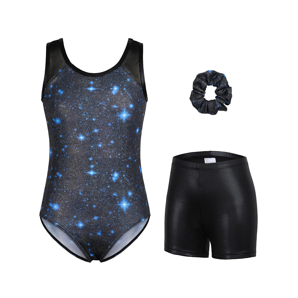 Charmo Girls 3 Pieces Mesh Back Printed Gymnastics Leotard Set with Shorts and Matching Hair Scrunchie 8-14 Years