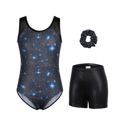 Charmo Girls 3 Pieces Mesh Back Printed Gymnastics Leotard Set with Shorts and Matching Hair Scrunchie 8-14 Years