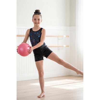 Charmo Girls 3 Pieces Mesh Back Printed Gymnastics Leotard Set with Shorts and Matching Hair Scrunchie 8-14 Years