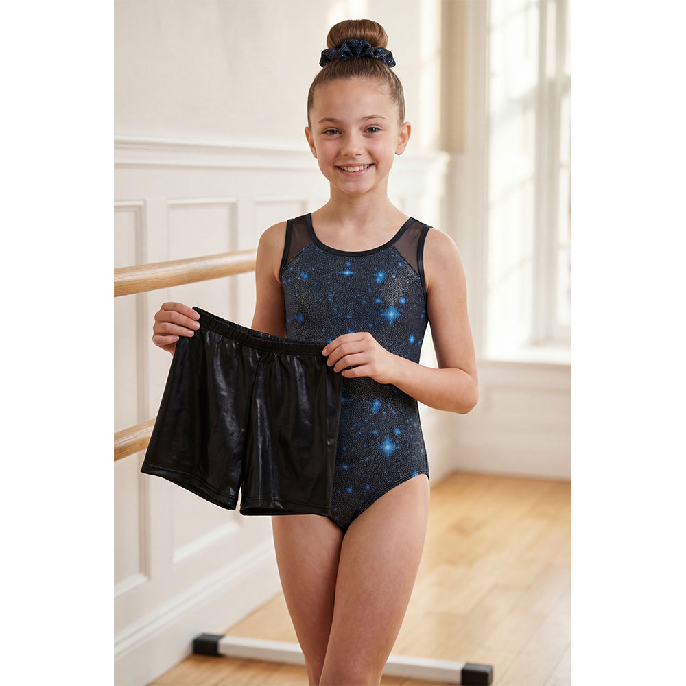 Charmo Girls 3 Pieces Mesh Back Printed Gymnastics Leotard Set with Shorts and Matching Hair Scrunchie 8-14 Years