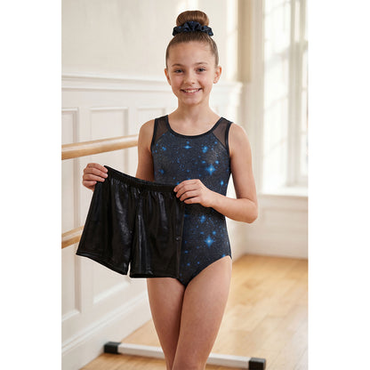 Charmo Girls 3 Pieces Mesh Back Printed Gymnastics Leotard Set with Shorts and Matching Hair Scrunchie 8-14 Years