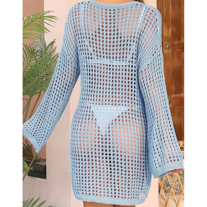 Charmo Women's Oversized Crochet Hollow Out V Neck Side Slit Sheer Mesh Long-Sleeve Cover Up