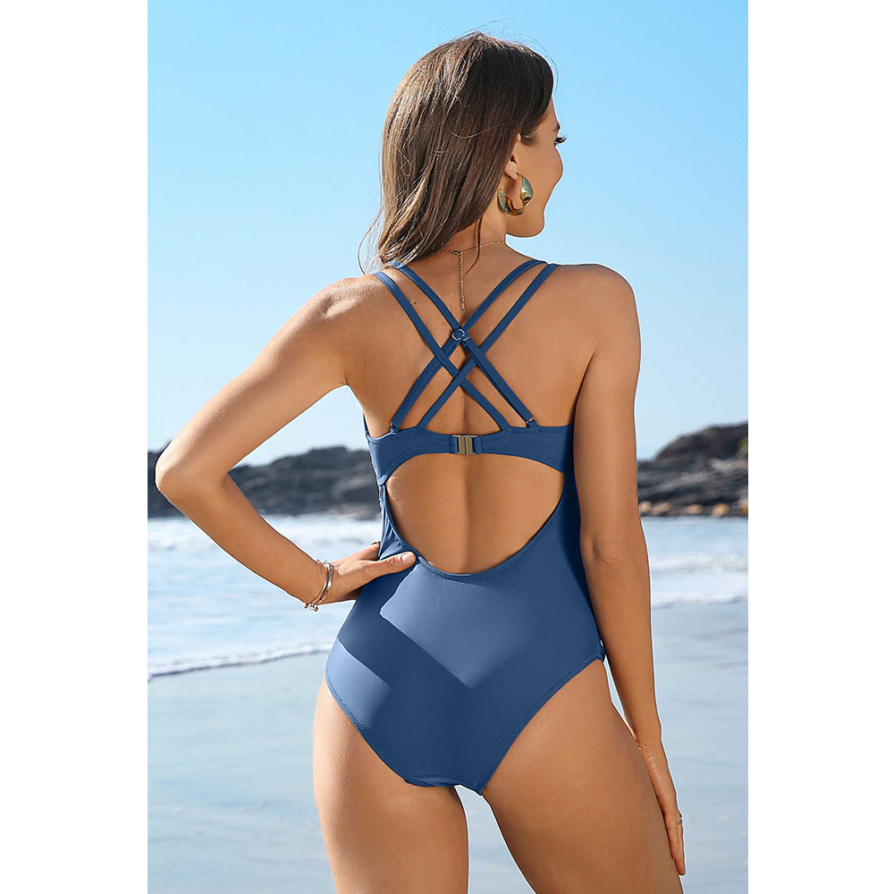 Charmo Ruched V Neck & Crisscross Back with Adjustable Straps Tummy Control One Piece Swimsuit