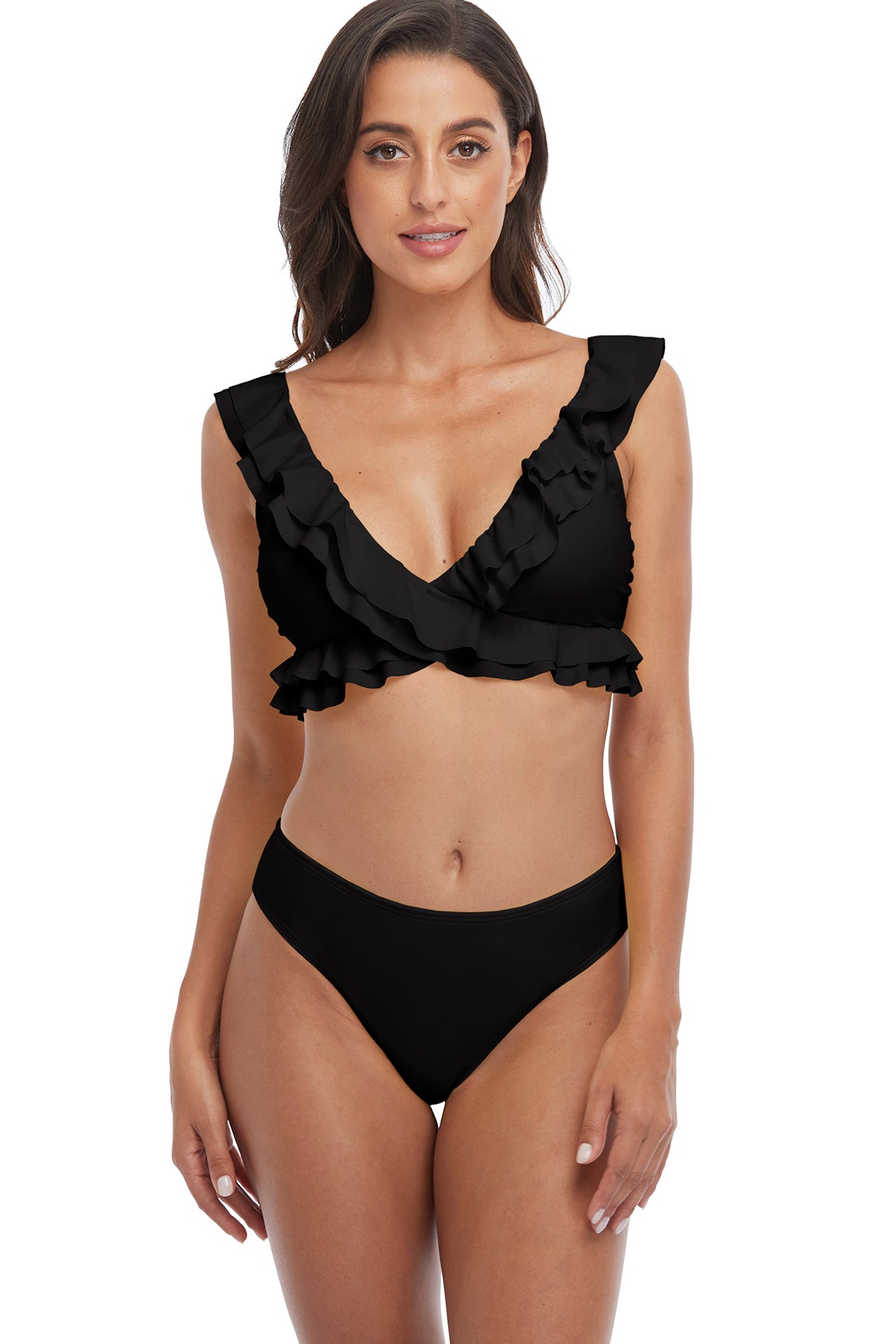 Solid V Neck Waisted Bikini Set-7316