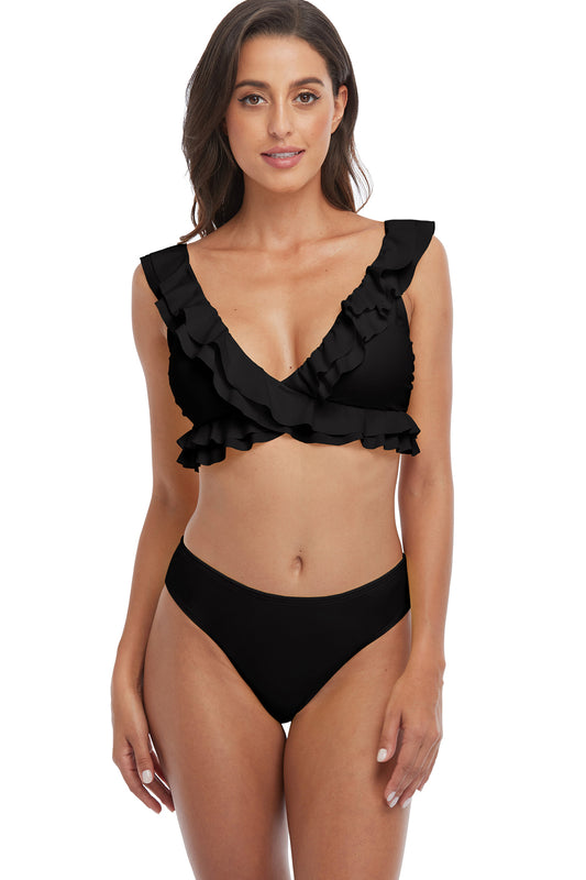 Solid V Neck Waisted Bikini Set-7316