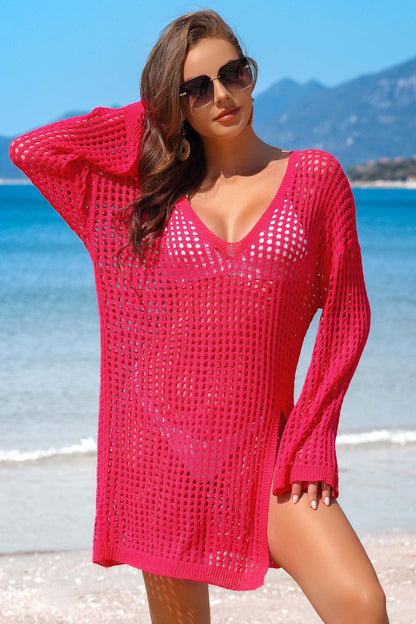 Scoop Neck Hollow-Out Side Split Knitted Beachwear-9114