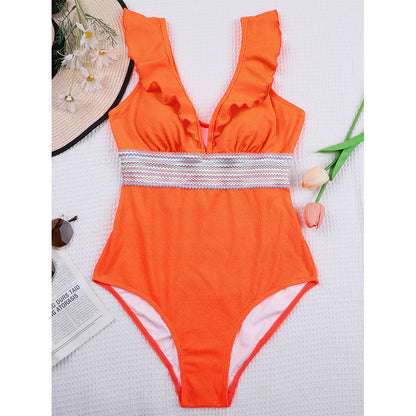Charmo Women's Ruffled Plunge V Neck Cutout Back One Piece Swimsuit with Waist Band