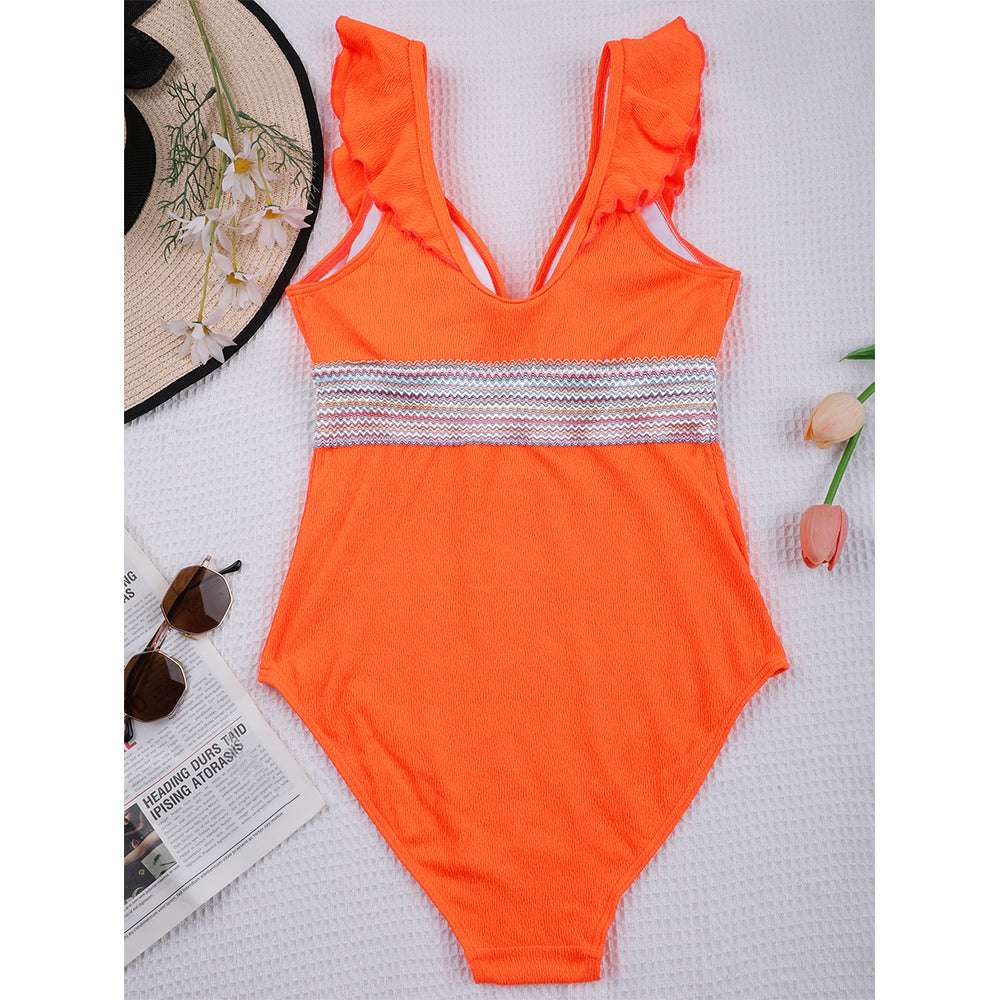 Charmo Women's Ruffled Plunge V Neck Cutout Back One Piece Swimsuit with Waist Band