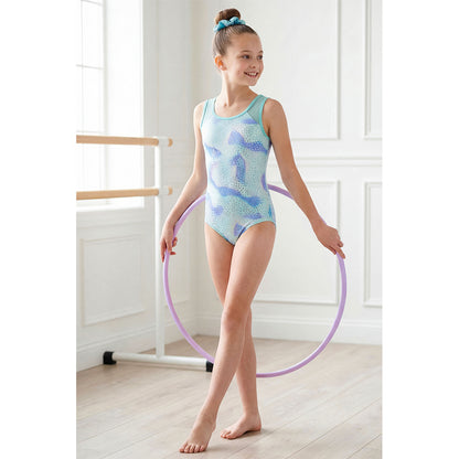 Charmo Girls 3 Pieces Mesh Back Printed Gymnastics Leotard Set with Shorts and Matching Hair Scrunchie 8-14 Years