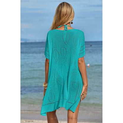 Charmo Women's Open Knit Leaf Pattern  Lace-Up Front & Side Slits Cover Ups