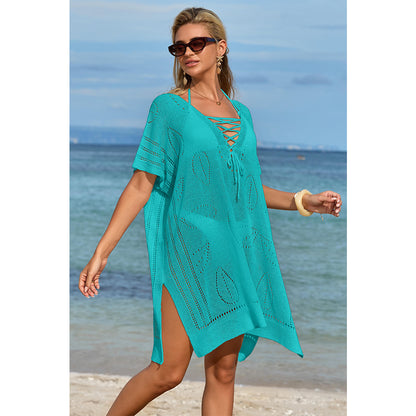 Charmo Women's Open Knit Leaf Pattern  Lace-Up Front & Side Slits Cover Ups