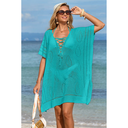 Charmo Women's Open Knit Leaf Pattern  Lace-Up Front & Side Slits Cover Ups