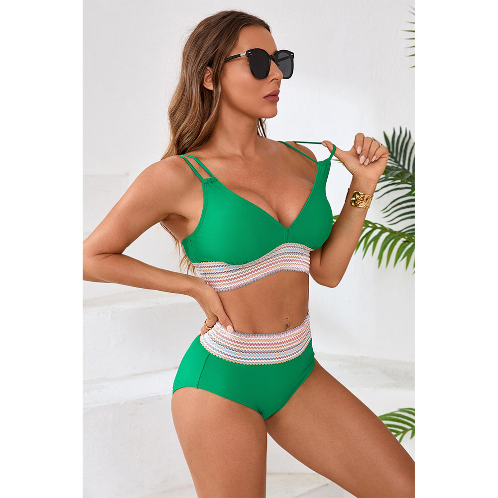 Charmo Women's Embellished Waist Band Bikini Set V Neck Adjustable Straps Two Pieces Swimwear Set