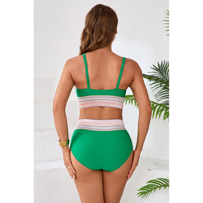 Charmo Women's Embellished Waist Band Bikini Set V Neck Adjustable Straps Two Pieces Swimwear Set