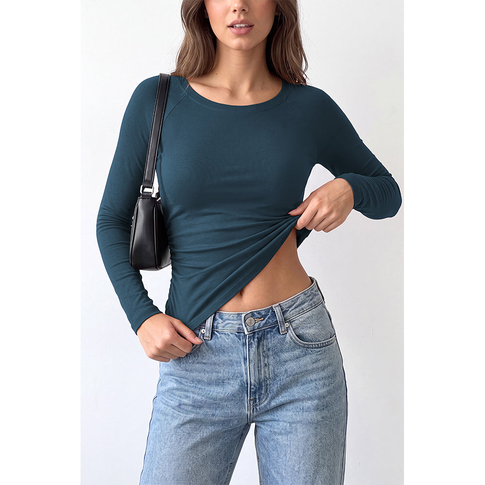 Attraco Women's Long Sleeve Scoop Neck Top with Built-in Bra Pads and Side Ruched Detail