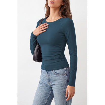 Attraco Women's Long Sleeve Scoop Neck Top with Built-in Bra Pads and Side Ruched Detail