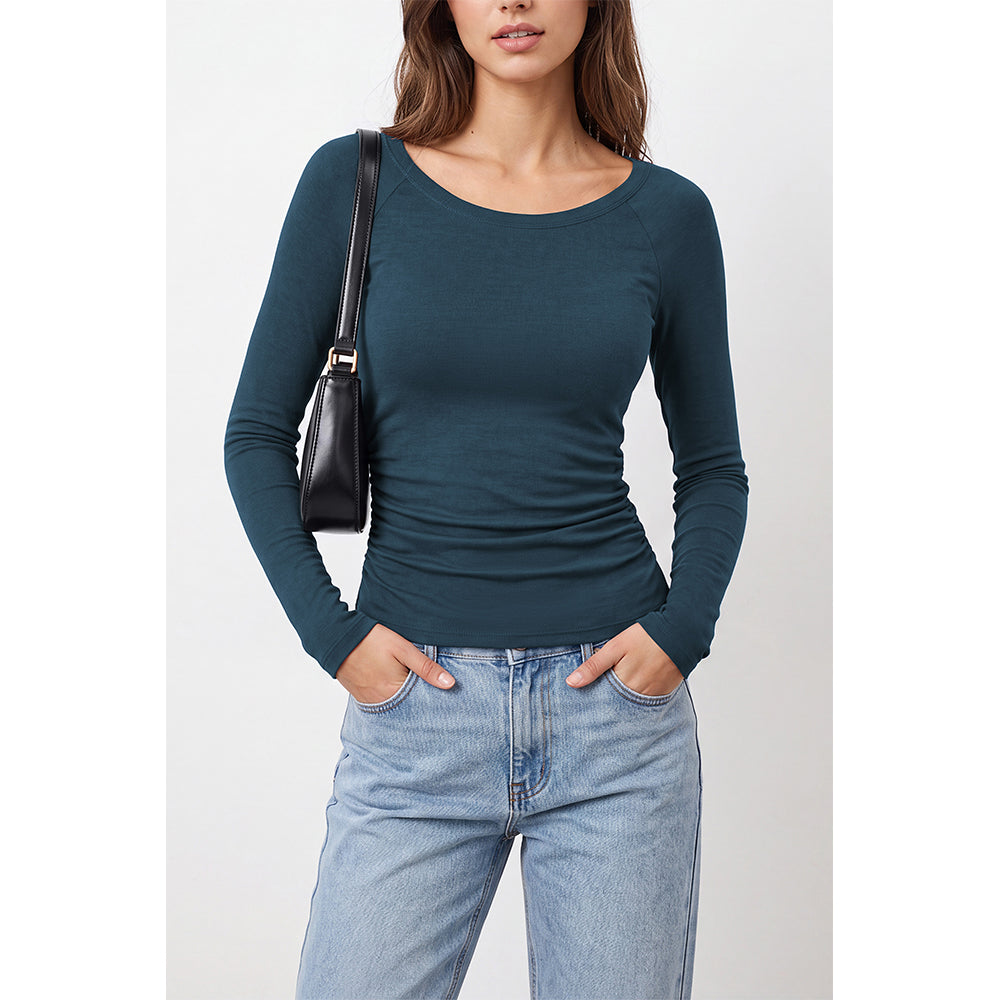 Attraco Women's Long Sleeve Scoop Neck Top with Built-in Bra Pads and Side Ruched Detail