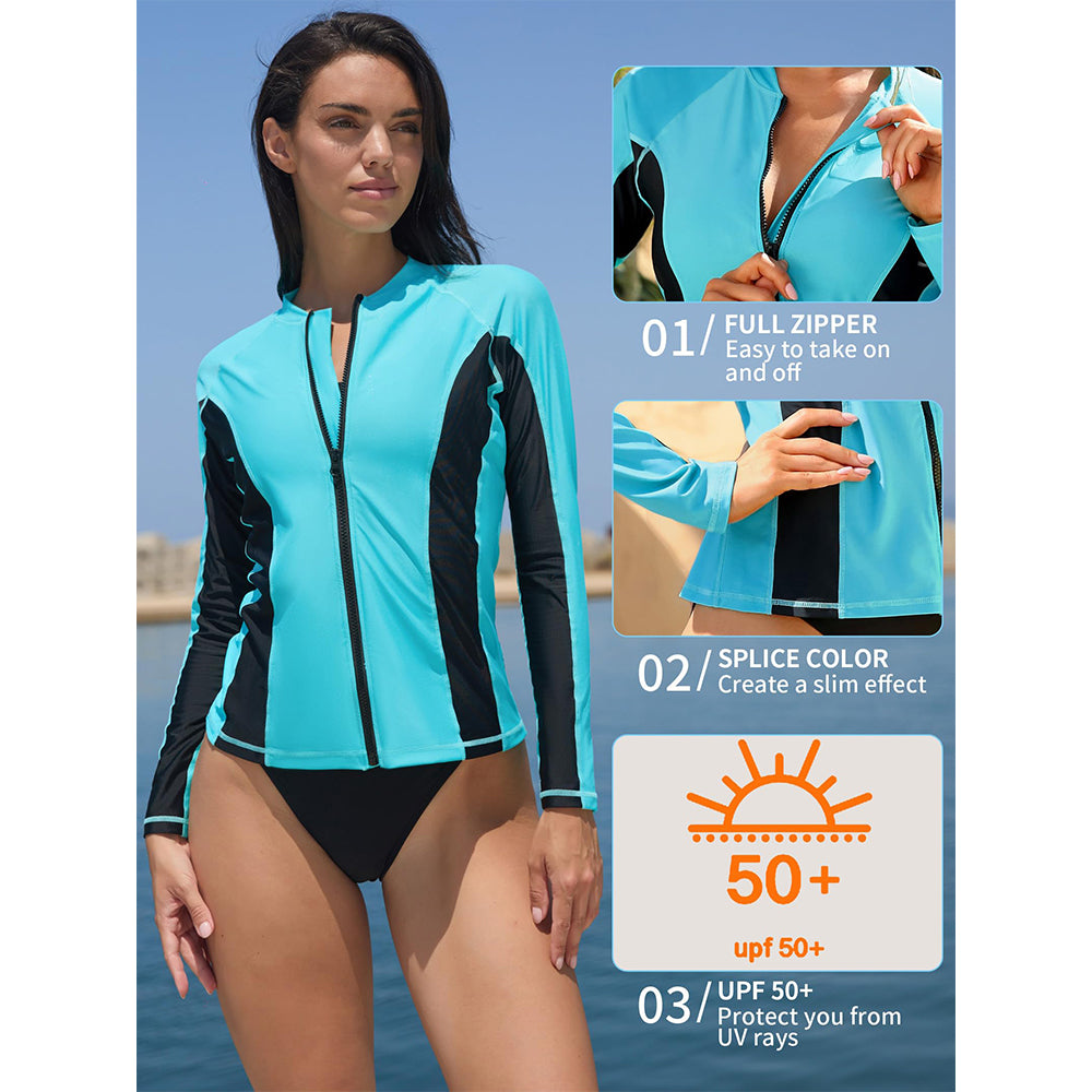 Attraco Women's Rashguard Swimsuit Zip Front Sun Protection Swim Shirt UPF 50+