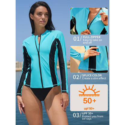 Attraco Women's Rashguard Swimsuit Zip Front Sun Protection Swim Shirt UPF 50+