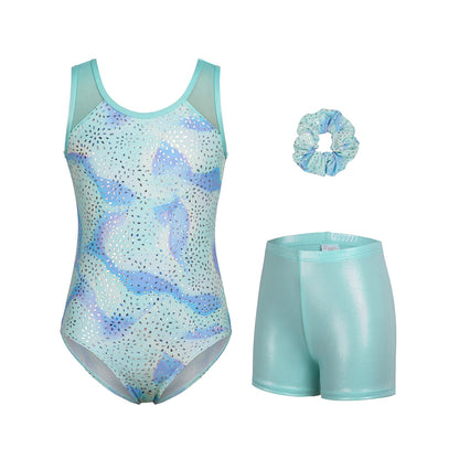 Charmo Girls 3 Pieces Mesh Back Printed Gymnastics Leotard Set with Shorts and Matching Hair Scrunchie 8-14 Years