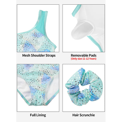 Charmo Girls 3 Pieces Mesh Back Printed Gymnastics Leotard Set with Shorts and Matching Hair Scrunchie 8-14 Years