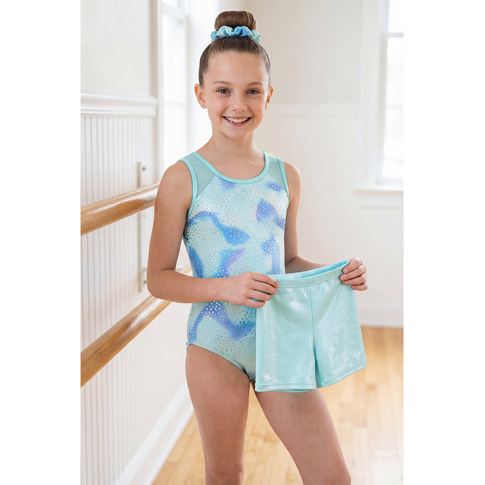 Charmo Girls 3 Pieces Mesh Back Printed Gymnastics Leotard Set with Shorts and Matching Hair Scrunchie 8-14 Years