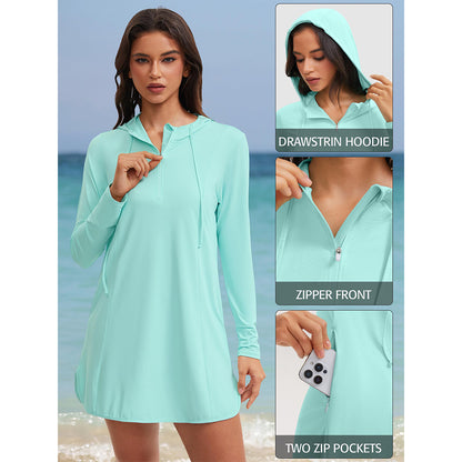 Attraco Women's UPF 50+ Hooded Quarter Zip Rash Guard with Zipper Pockets Beach Swimsuit Swimsuit Cover Up