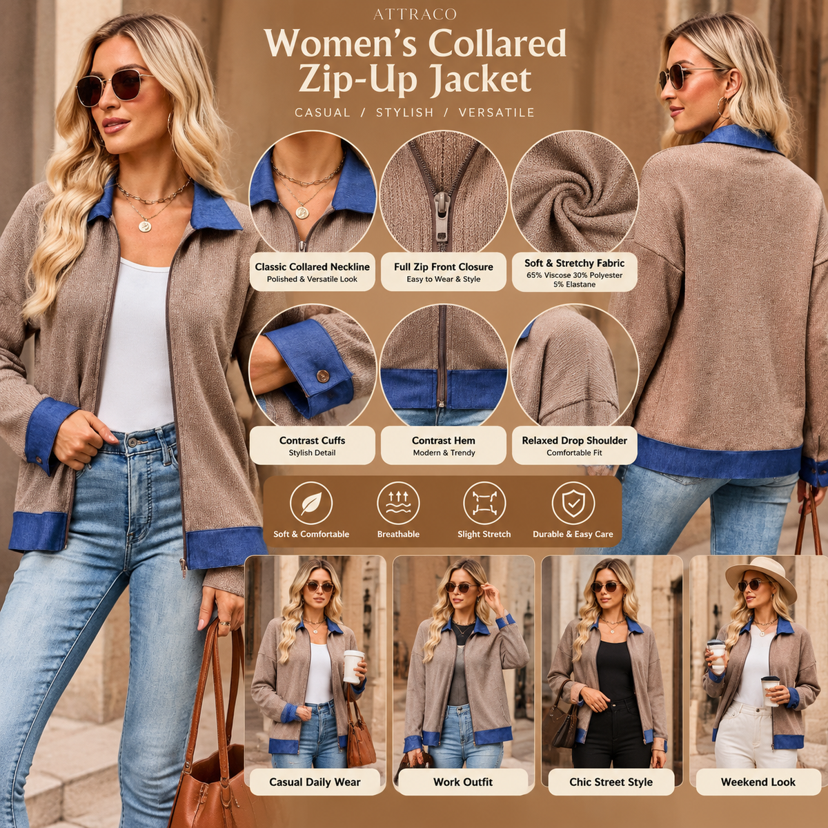 Attraco Women's Contrast Trim Zip-Up Sweatshirt Jacket, Long Sleeve Collared Relaxed Fit
