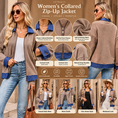 Attraco Women's Contrast Trim Zip-Up Sweatshirt Jacket, Long Sleeve Collared Relaxed Fit