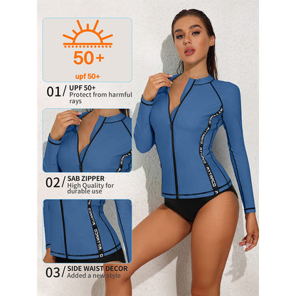 Attraco Women's UPF 50+ Full Zip Long Sleeve Rash Guard with Side Branded Logo Tape Swimsuit Tops