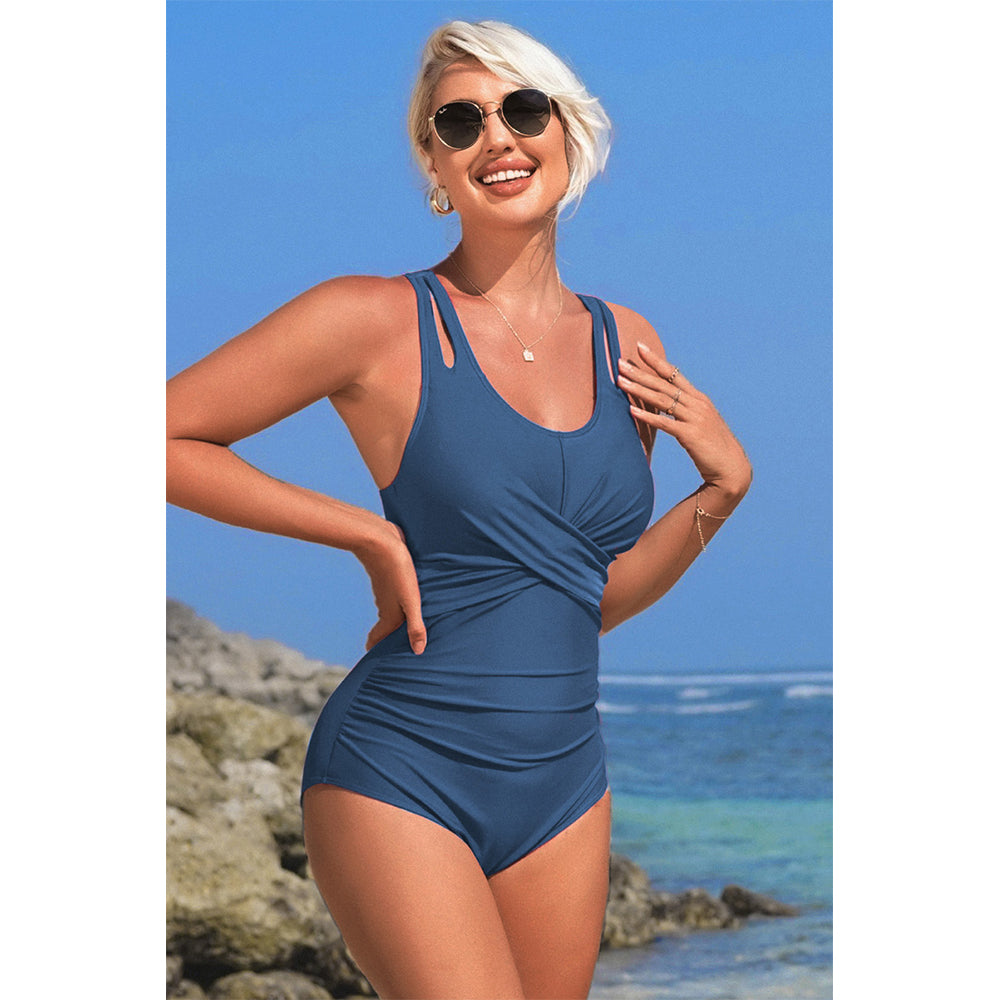 Charmo Women's Cross Front Ruched One Piece Swimsuit Cutout Straps & Back Keyhole Bathing Suit