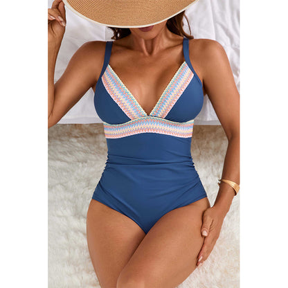 Charmo Women's Plunge V-Neck Contrast Trim Cutout Back Tummy Control One Piece Swimsuit