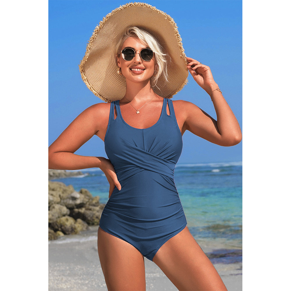 Charmo Women's Cross Front Ruched One Piece Swimsuit Cutout Straps & Back Keyhole Bathing Suit