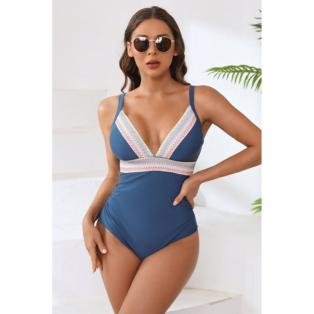 Charmo Women's Plunge V-Neck Contrast Trim Cutout Back Tummy Control One Piece Swimsuit