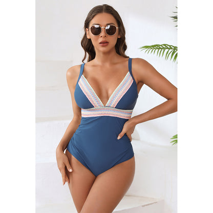 Charmo Women's Plunge V-Neck Contrast Trim Cutout Back Tummy Control One Piece Swimsuit