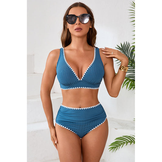 Charmo Women's Ribbed Scalloped Trim & High-Waisted Bottom Bikini Set Swimsuit Set