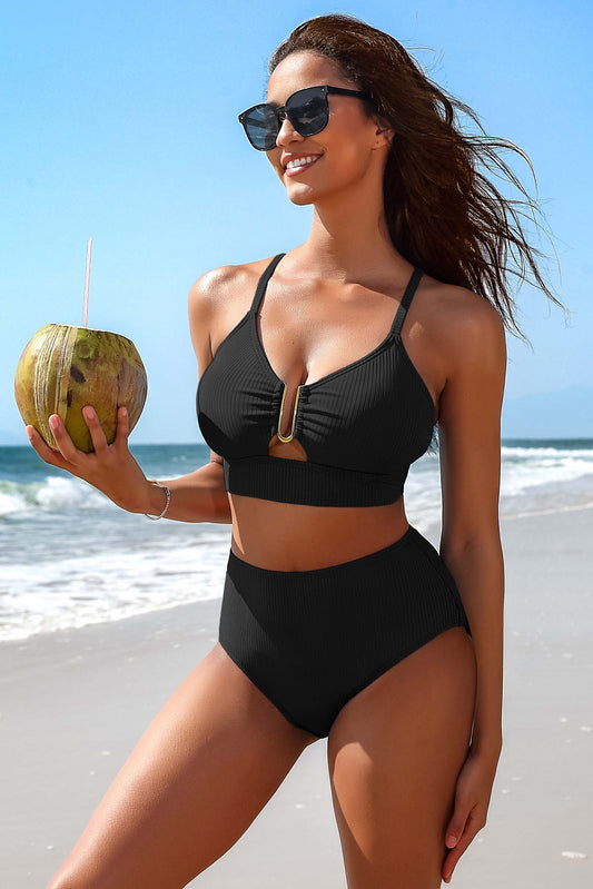 Solid Color Cirss Cross Ruching Adjustable Shoulder Strap Bikini Suits-70519