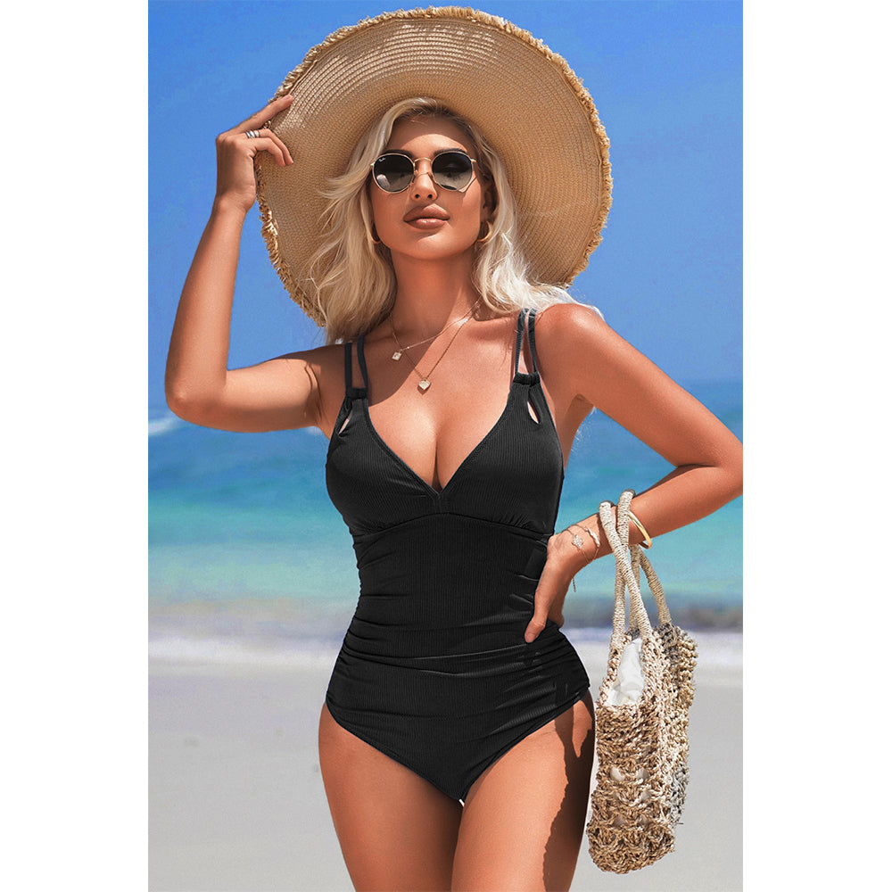 Charmo Women's Ruched Double Strap V Neck One Piece Swimsuit Back Cutout Tummy Control Bathing Suit