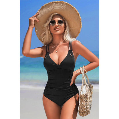 Charmo Women's Ruched Double Strap V Neck One Piece Swimsuit Back Cutout Tummy Control Bathing Suit