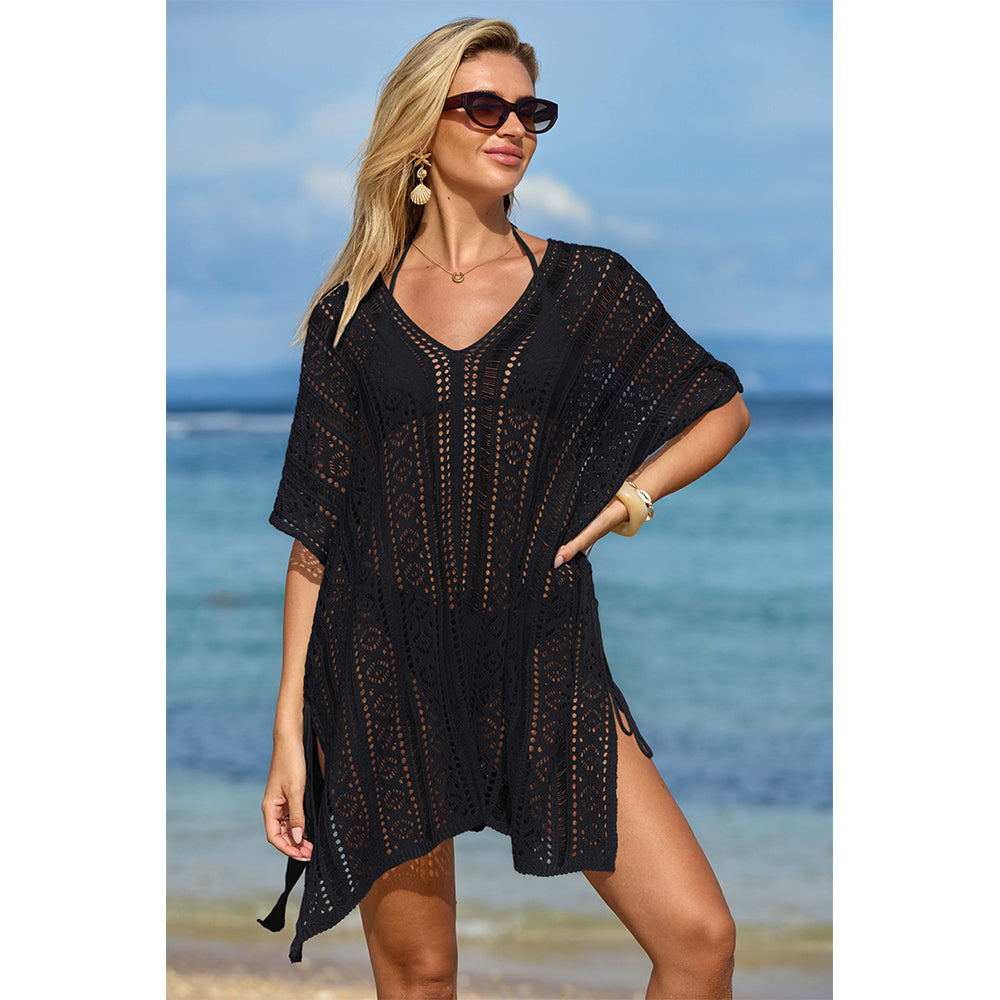 Charmo Women's Crochet Hollow Out Batwing Sleeves Cover Ups with Adjustable Side Slit Drawstrings Beach Wear