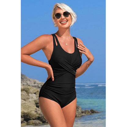 Charmo Women's Cross Front Ruched One Piece Swimsuit Cutout Straps & Back Keyhole Bathing Suit