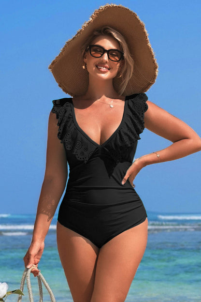 Charmo Women's Lace Trimmed Ruffled Sleeve One Piece Swimsuit Deep V-Neck & Back Cutout Bathing Suit