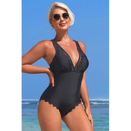 Charmo Women's Scalloped Edge Deep V Neck Open Back One Piece Swimsuit