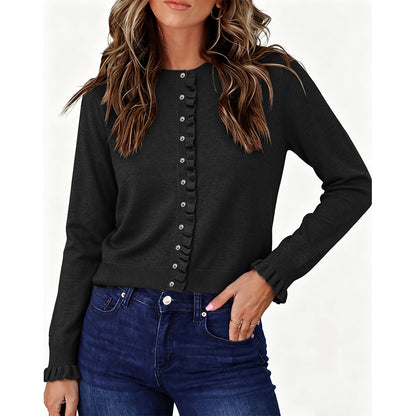 Attraco Women's Long Sleeve Ruffle Trim Cardigan Sweater Button Front Knit Top