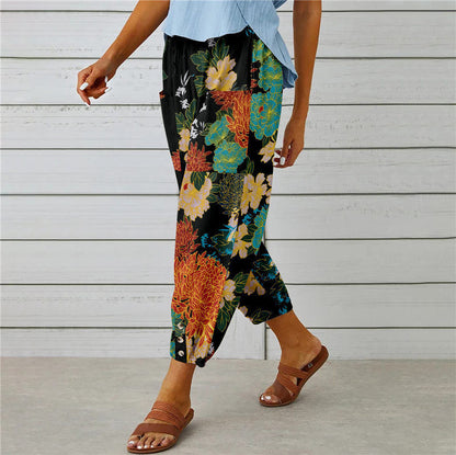 Attraco Women High Waist Drawstring Cropped Jogger Pants Vintage Floral Print Side Pocket Casual Trousers