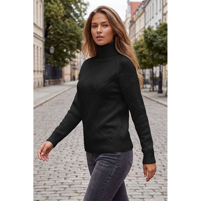Attraco Women's Turtleneck Diamond Knit Sweater Long Sleeve Ribbed Pullover Cozy Winter Sweater