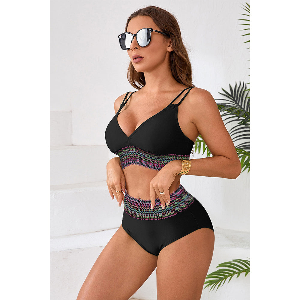 Charmo Women's Embellished Waist Band Bikini Set V Neck Adjustable Straps Two Pieces Swimwear Set